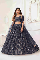Lehenga Choli brodé à paillettes en filet papillon noir